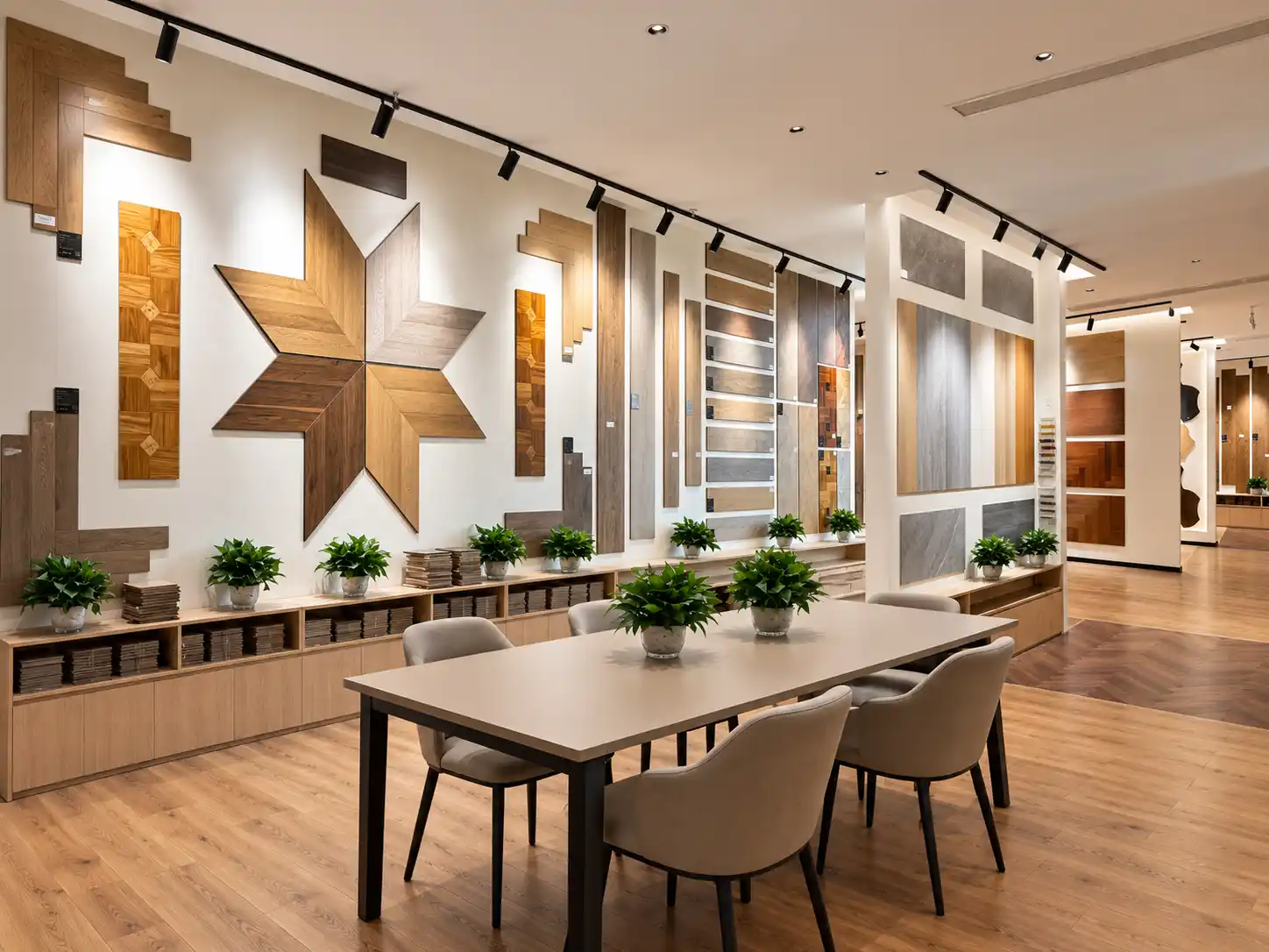 Wood flooring and wall display area in the George Group Material showroom