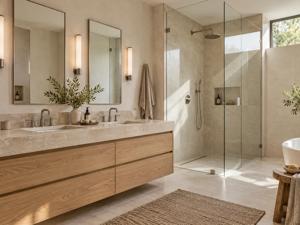 Bathroom concept with a double vanity, oak drawers, pale stone finishes and a glass shower enclosure.