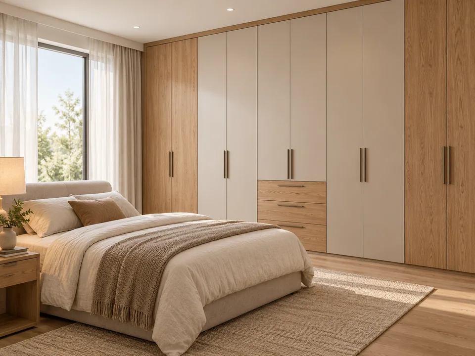 Bedroom and storage concept with a full wall of fitted oak and neutral wardrobes beside a linen bed.