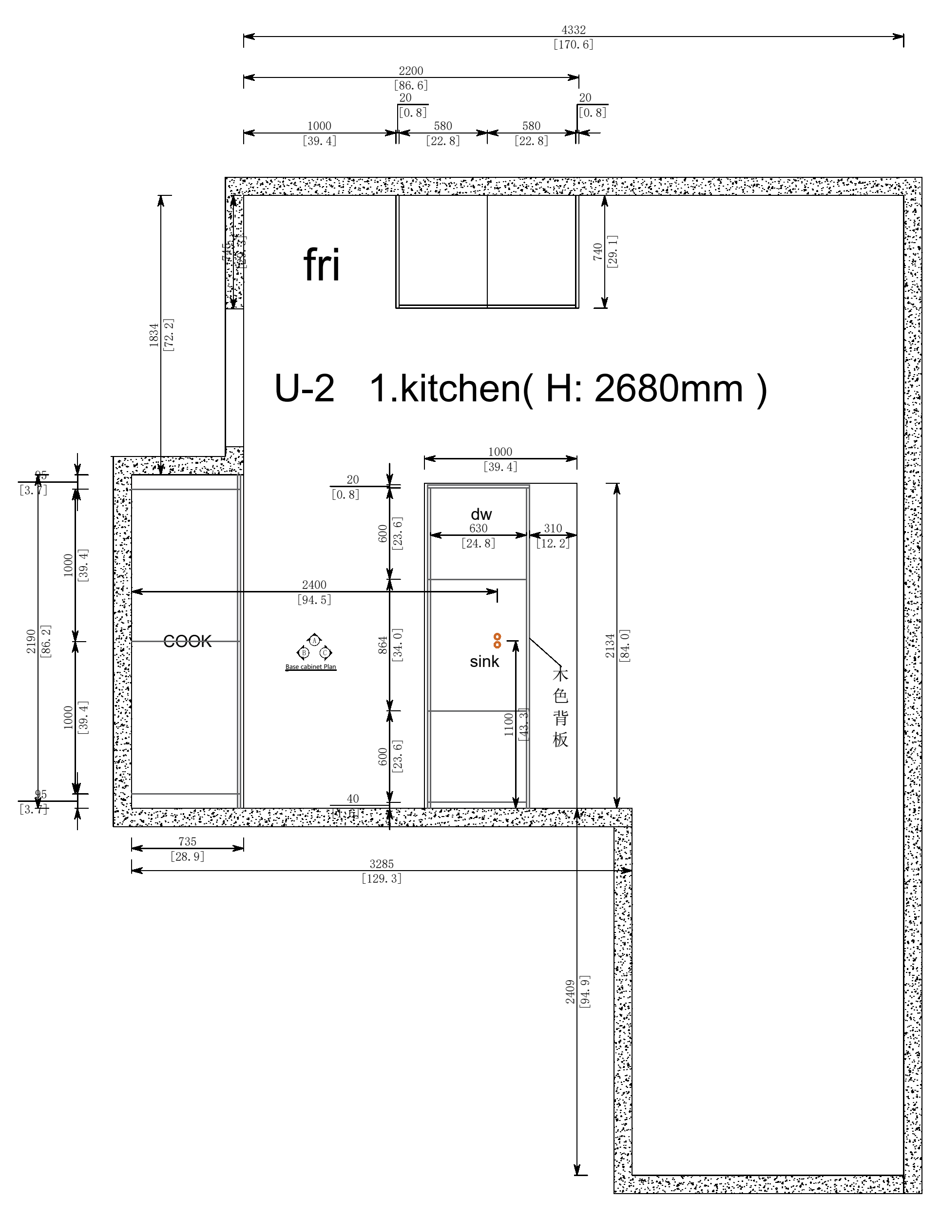 Conrad Residence kitchen 2D cabinetry plan, U2 drawing set, page 1.