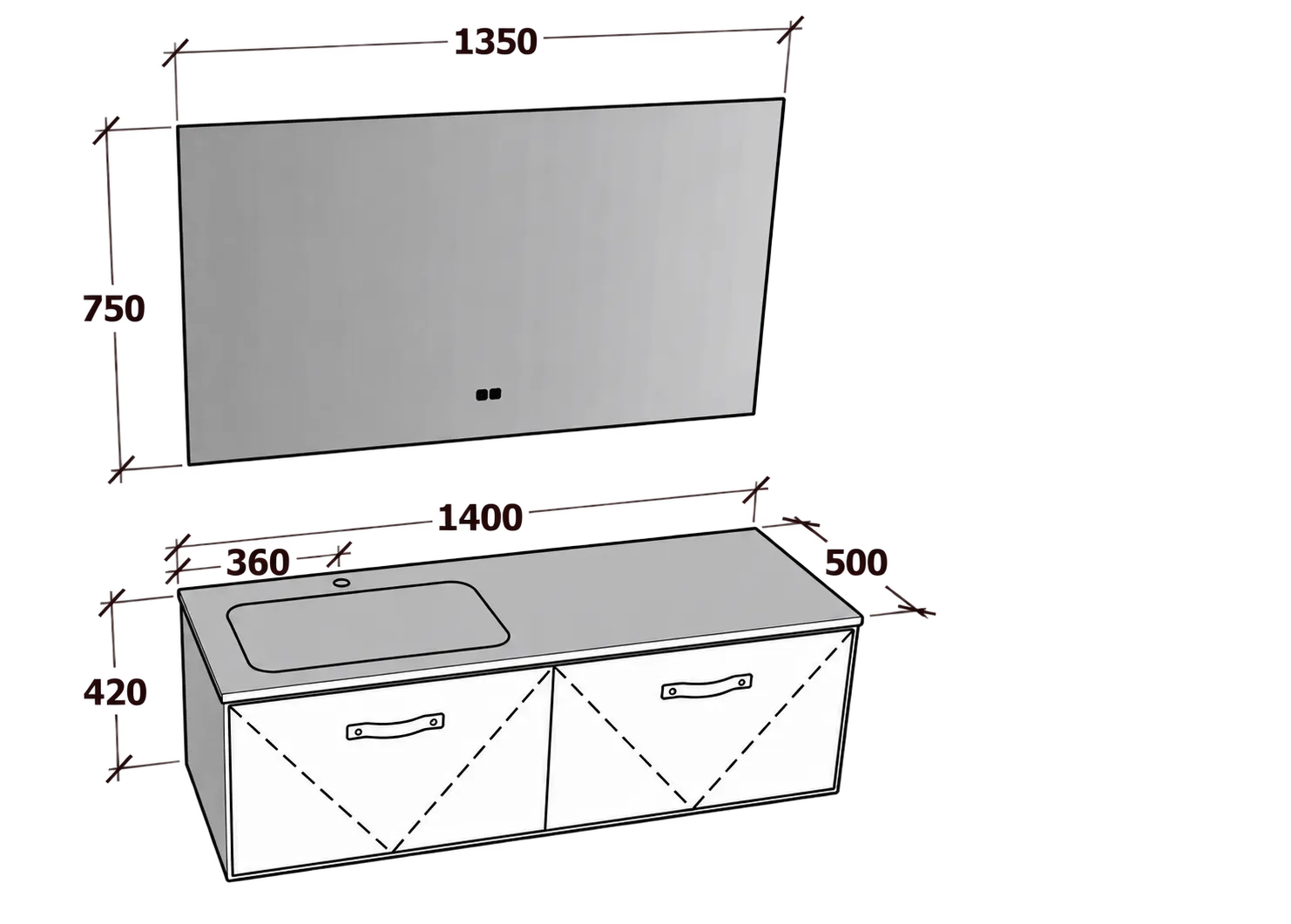 Conrad Residence dimensioned bathroom vanity drawing with a single basin and no Chinese annotations.