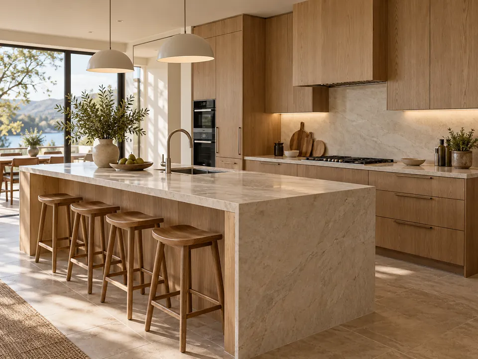 Kitchen concept with warm oak cabinets, pale stone worktops and a practical island in natural daylight.