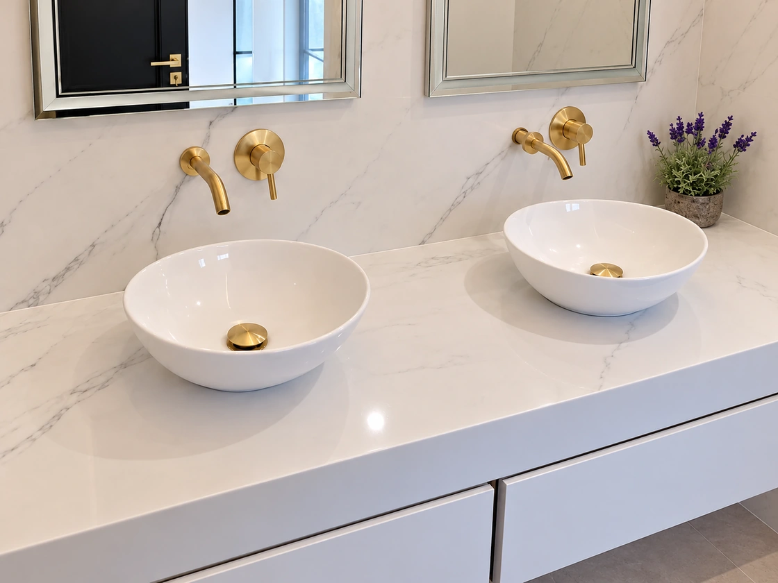 Floating bathroom cabinet with twin vessel basins and wall-mounted gold taps
