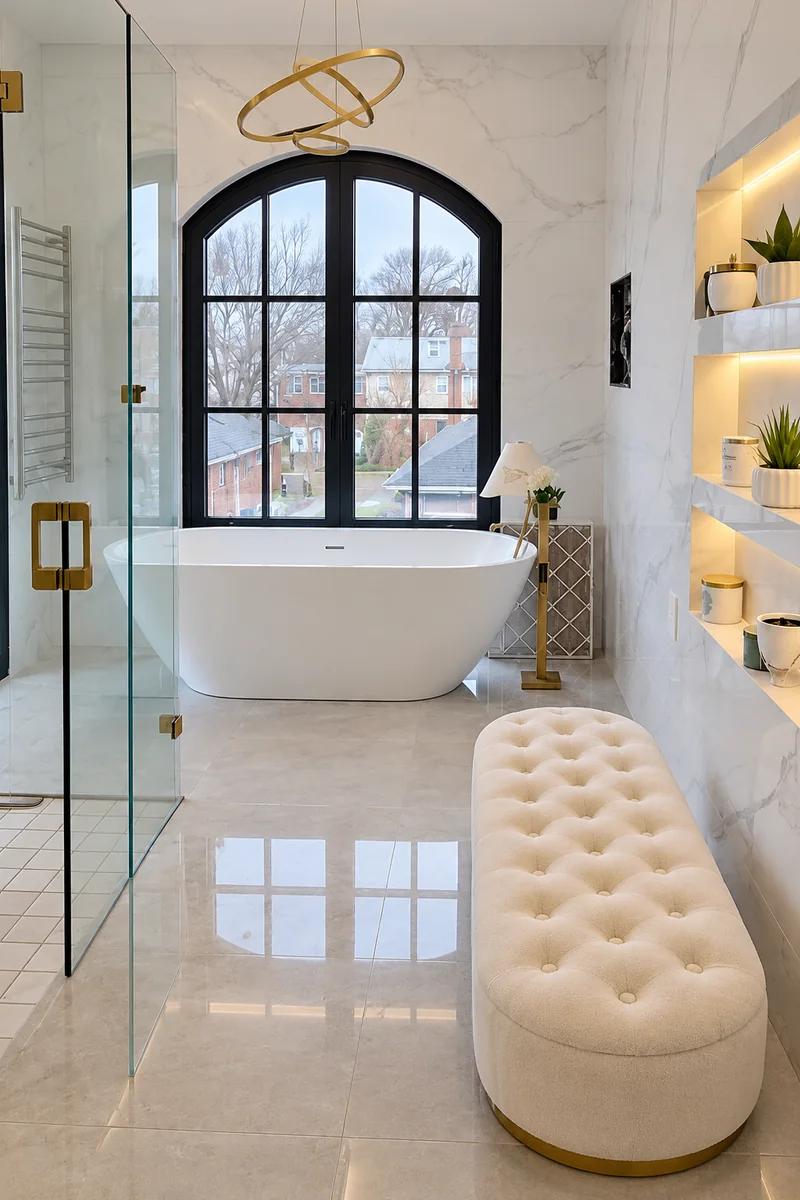 Light veined wall tiles and polished floor tiles around the villa bathtub