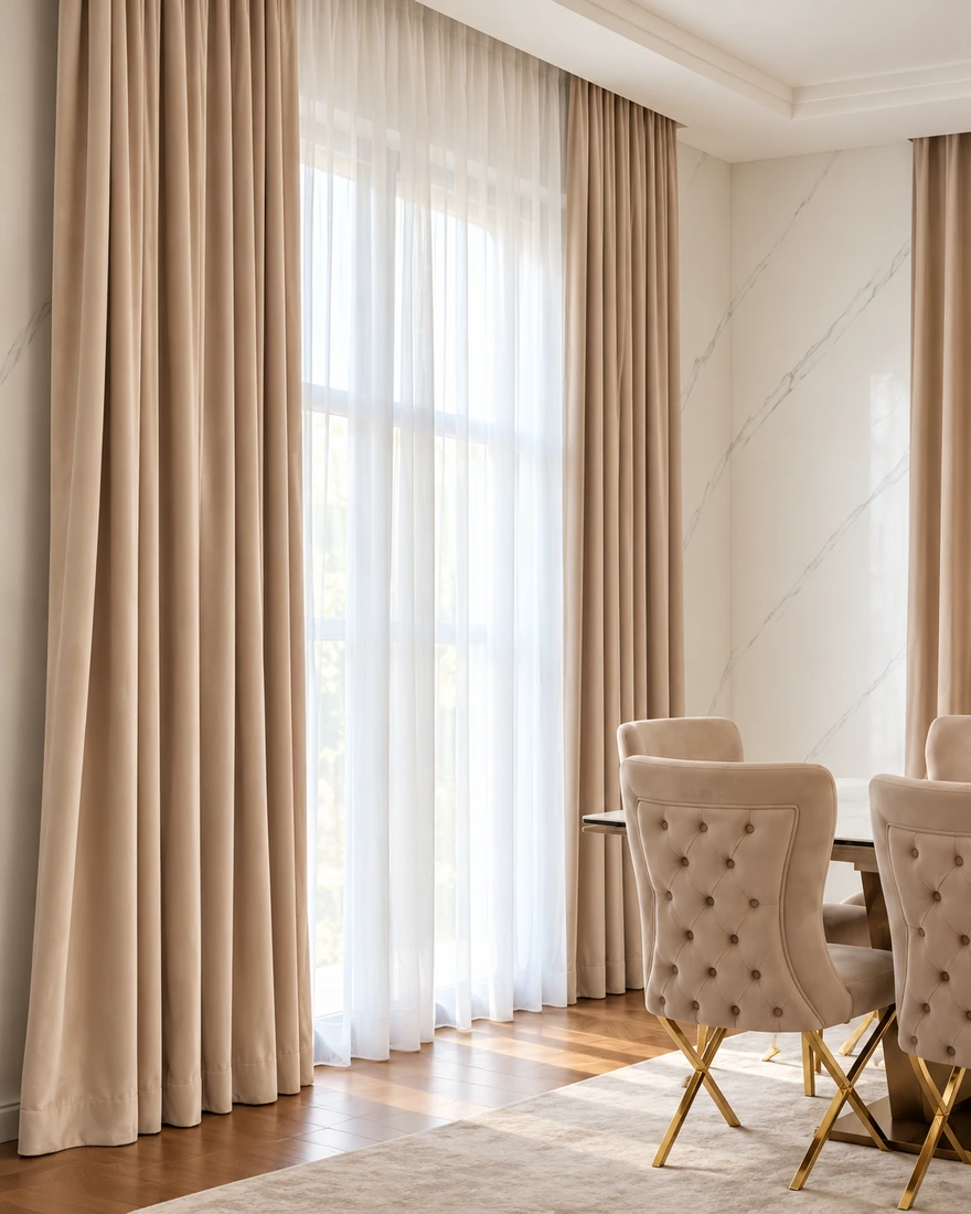 Full-height beige curtains and white sheers beside the villa dining area