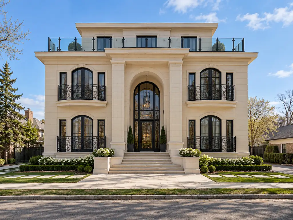 Front elevation of the New Jersey villa with a pale stone facade and arched entrance