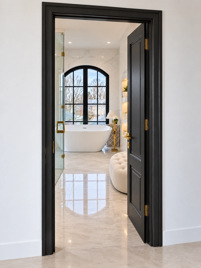 Black panelled interior door opening into the villa bathroom