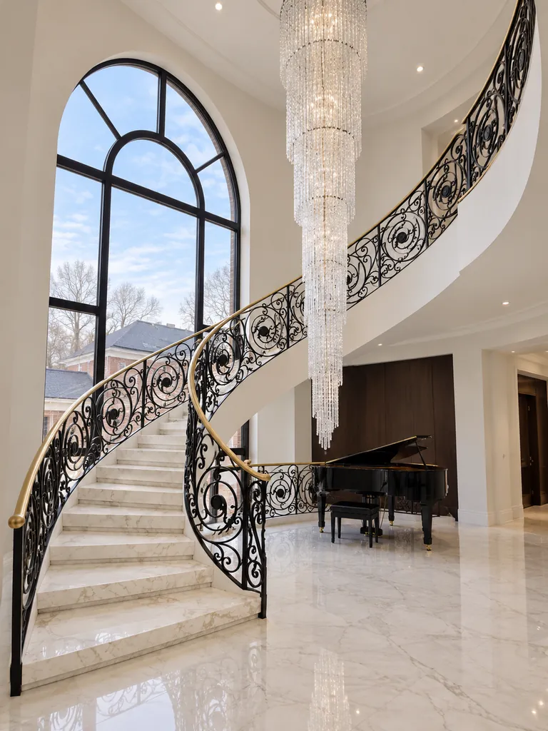 Curved marble staircase with a decorative black balustrade in the New Jersey villa