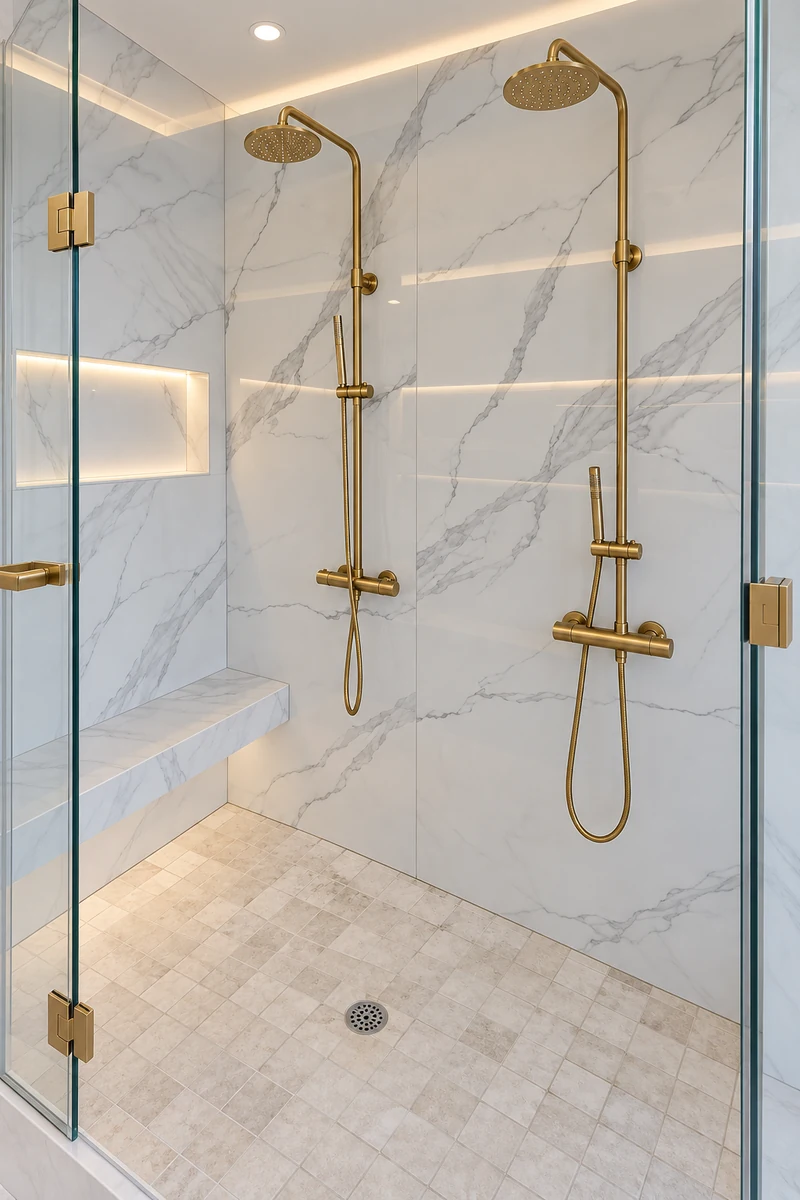 Veined shower wall tiles with small-format floor tiles and twin gold showers