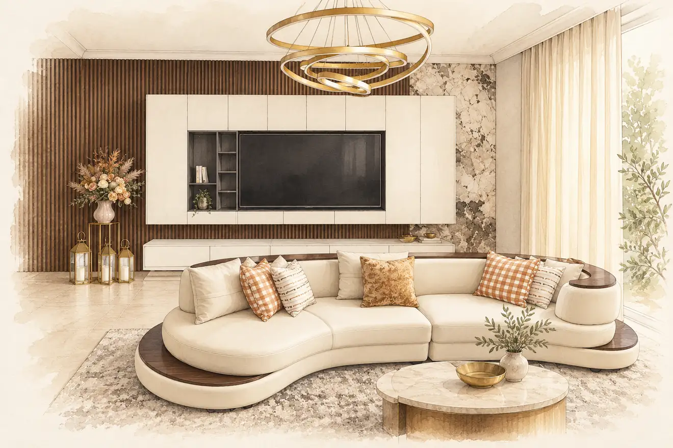 Architectural illustration inspired by the Perth project’s TV cabinetry, curved sofa and sculptural ring lighting.