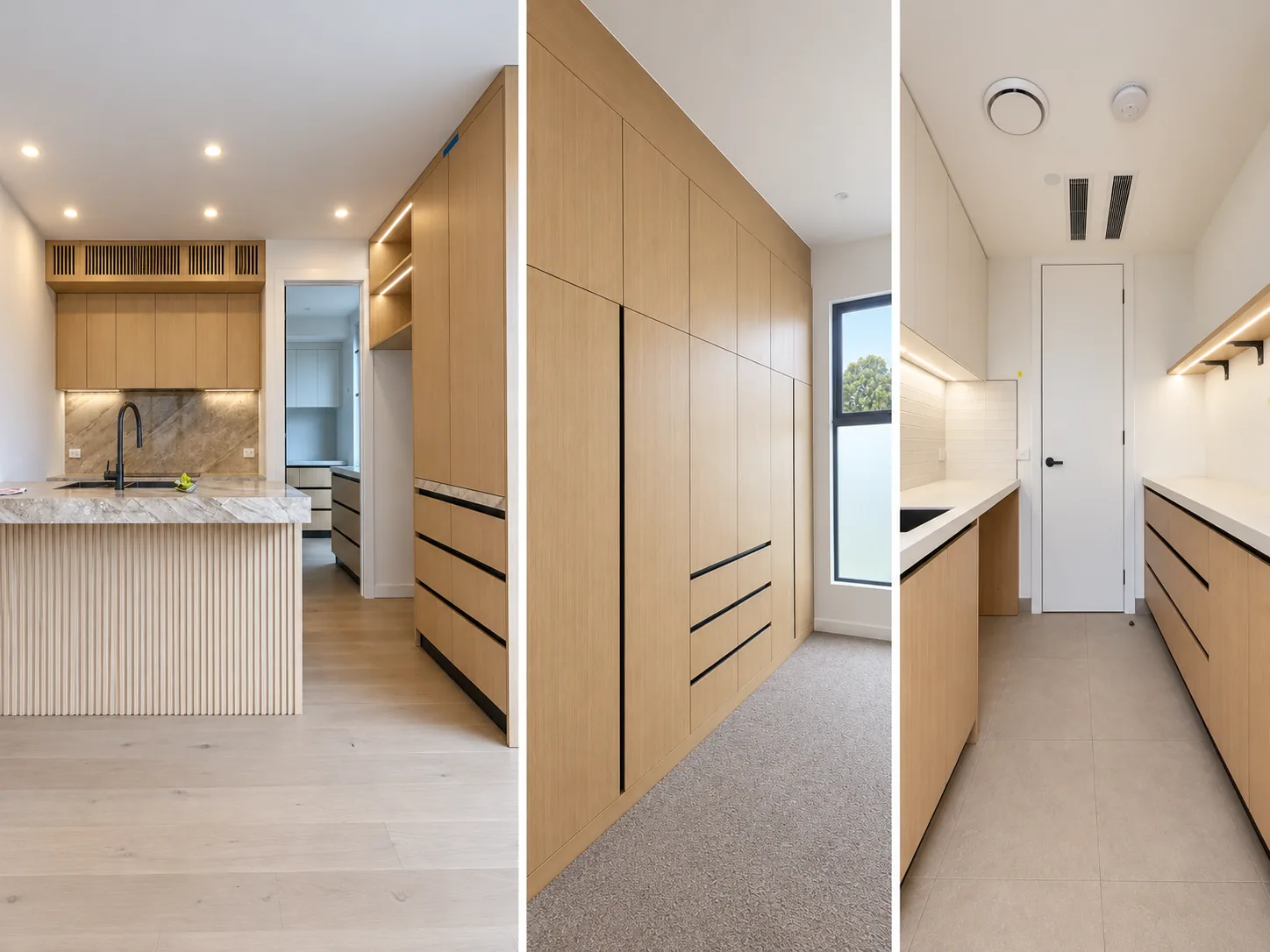 Interior photo montage of Conrad Residence in Melbourne, showing the kitchen, full-height wardrobes and pantry cabinetry