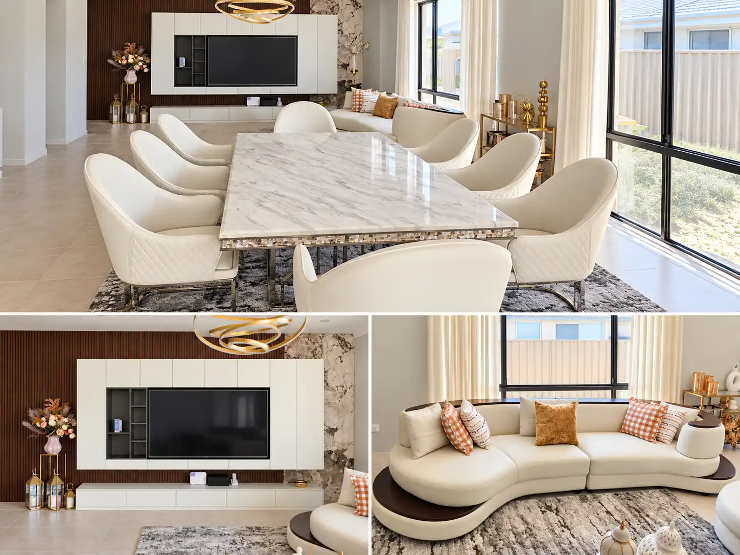 Interior photo montage of the Perth home showing the connected living and dining area, TV cabinetry and curved sofa