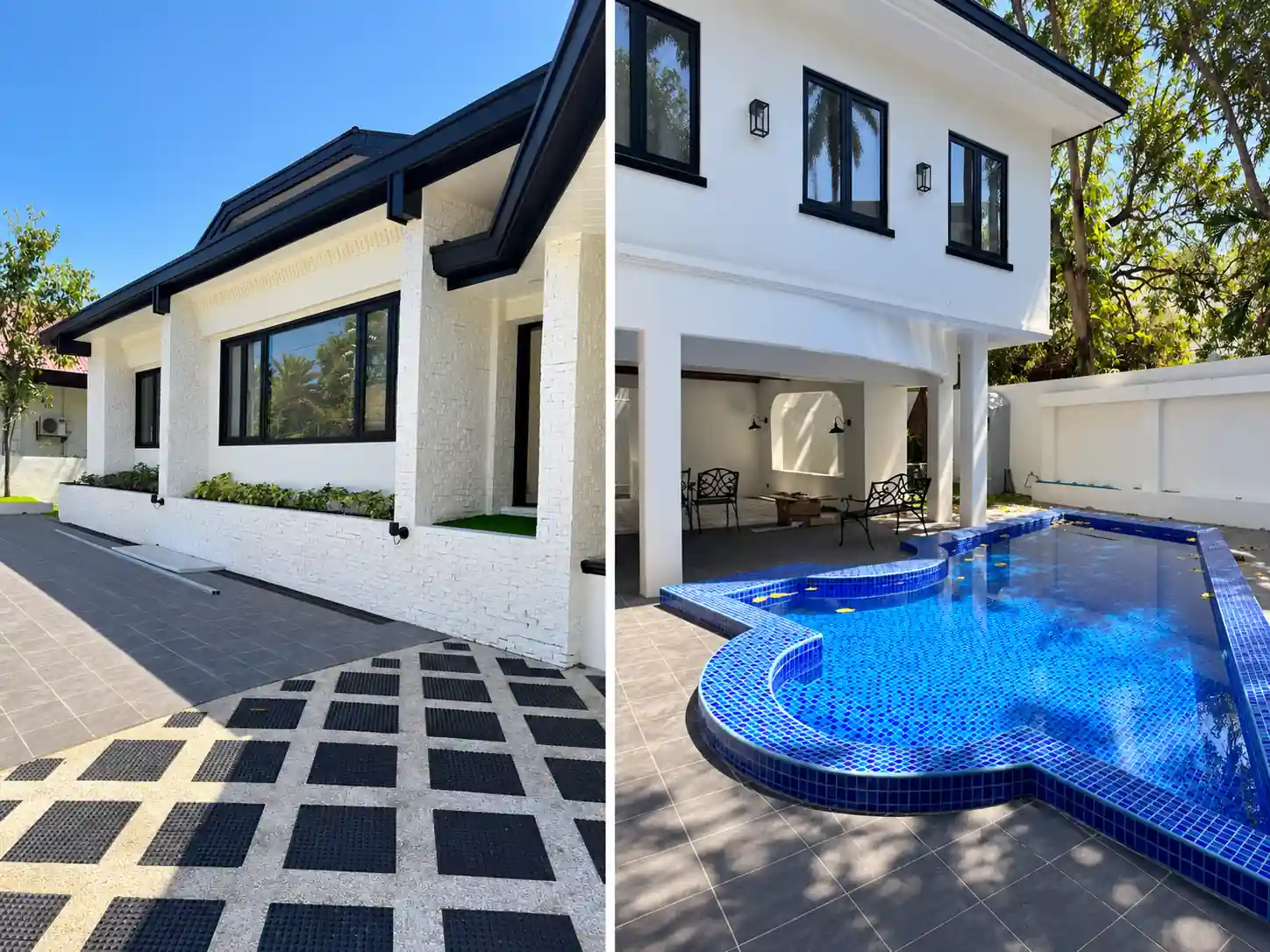 Photo montage of the Philippines residence showing its white facade, black-framed windows and pool courtyard