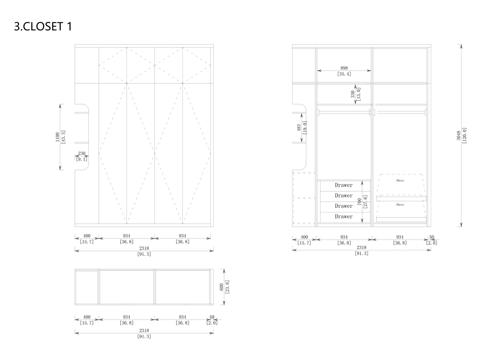 Closet 1 original dimensioned drawing from the Miami project cabinetry design document