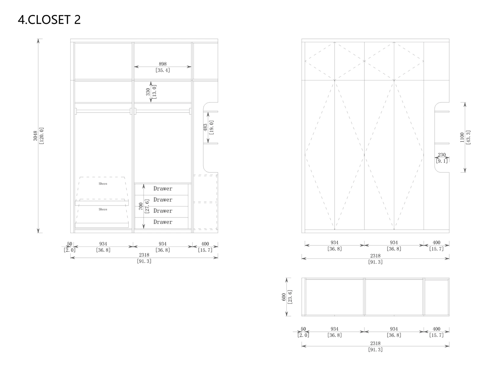 Closet 2 original dimensioned drawing from the Miami project cabinetry design document