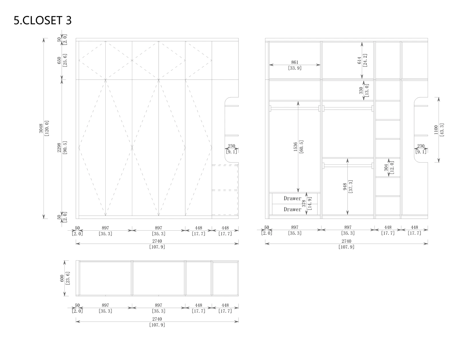 Closet 3 original dimensioned drawing from the Miami project cabinetry design document