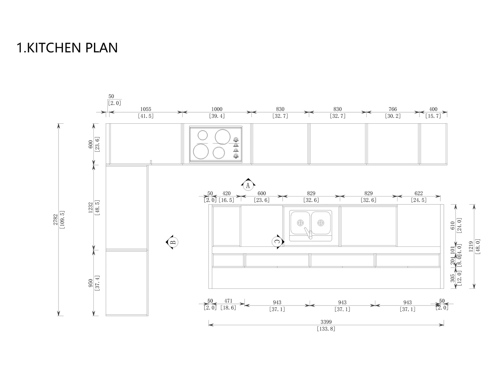 Kitchen original dimensioned drawing from the Miami project cabinetry design document