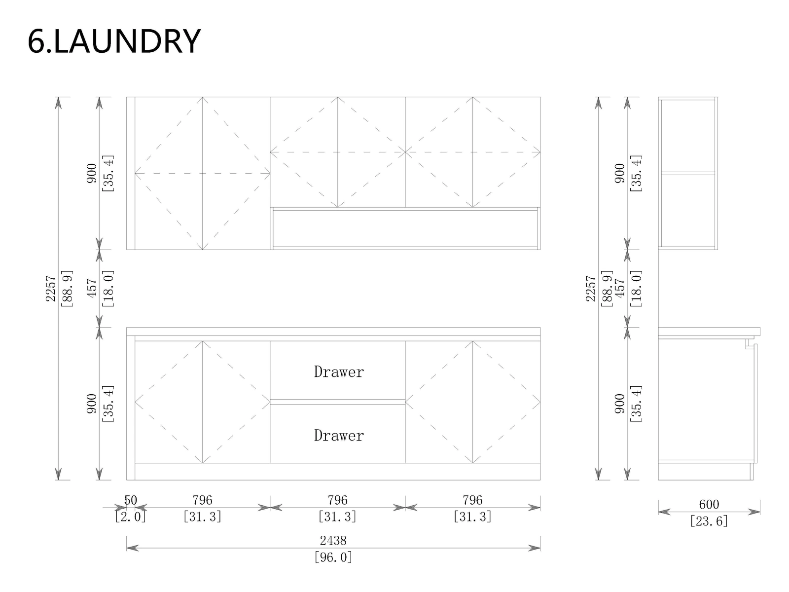 Laundry original dimensioned drawing from the Miami project cabinetry design document