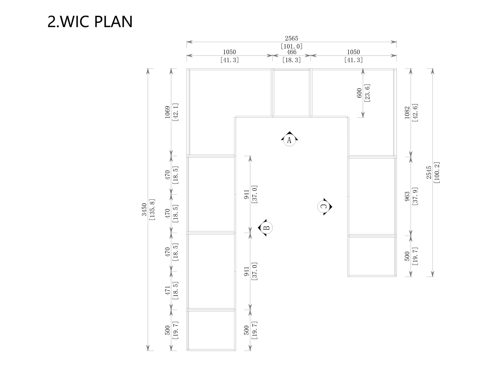 Walk-in Closet original dimensioned drawing from the Miami project cabinetry design document